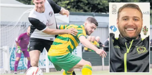  ?? James Goodall ?? Antony Hickey (right) in action earlier in the season for Runcorn Linnets netted his second brace in as many games as they beat Nelson last Saturday to move into second spot in the Premier Division; (inset) Linnets boss Michael Ellison.