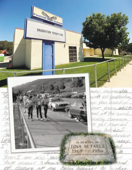  ?? Photo illustrati­on with images from Foothill High School yearbook and Noah Berger ?? Tina Faelz was a student at Foothill High School in Pleasanton when she was stabbed to death by a classmate in 1984. A yearbook photo showed Tina ( left) waving toward her mother’s car. A memorial marker to her now sits outside the school.