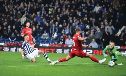  ?? Photograph: Nathan Stirk/Getty Images ?? Kieran Gibbs scores West Brom’s first goal in their victory over Bristol City at The Hawthorns.