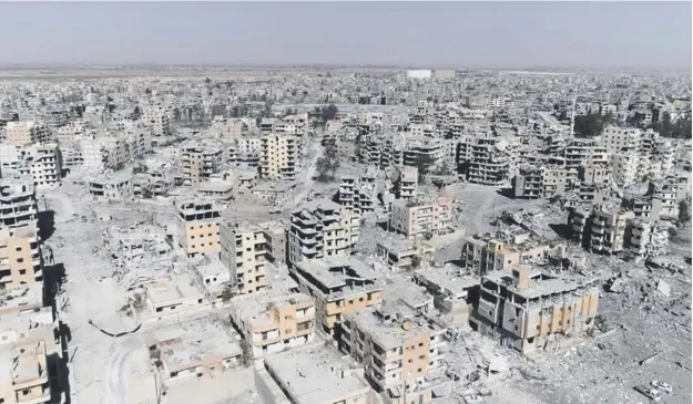  ?? PICTURE: AP ?? A still from a drone video shows damaged buildings in Raqqa, Syria. A Us-backed Syrian force has confirmed the city is free of extremists