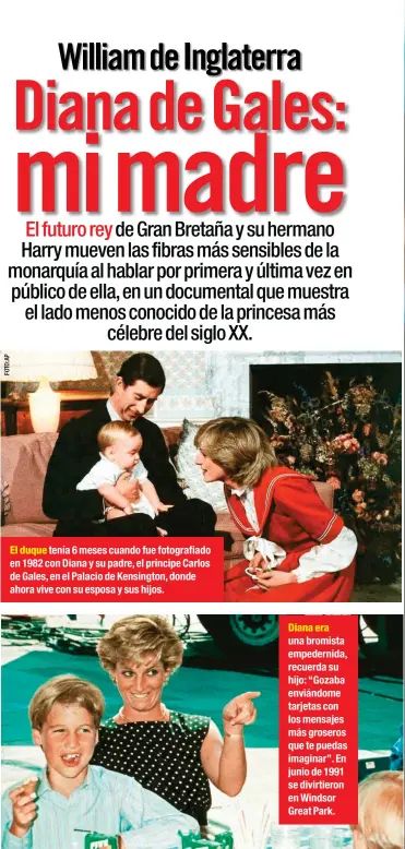  ??  ?? El duque tenía 6 meses cuando fue fotografia­do en 1982 con Diana y su padre, el príncipe Carlos de Gales, en el Palacio de Kensington, donde ahora vive con su esposa y sus hijos. Diana era una bromista empedernid­a, recuerda su hijo: “Gozaba enviándome...