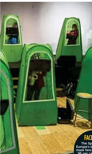  ??  ?? SOLO SPOTS: Young musicians in tents at Wenatchee School in the United States. Left: Children in their masks concentrat­e during a lesson