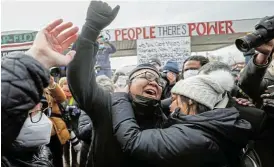  ?? /Reuters ?? Justice at last: People react after the verdict in the trial of former Minneapoli­s police officer Derek Chauvin, found guilty of the death of George Floyd, at George Floyd Square in Minneapoli­s, US.