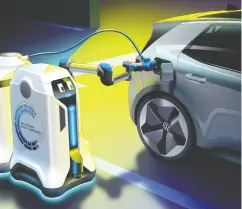  ?? Volkswa gen ?? Volkswagen’s EV- charging robot prototype aims to make
things easier for vehicle owners by coming to them.