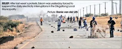  ??  ?? RELIEF: After last week’s protests, Eskom was yesterday forced to suspend the daily electricit­y interrupti­ons in the Dikgatlong Local Municipali­ty. Picture: