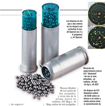  ??  ?? Los blancos en los que a dos metros se les disparó con cartuchos 9 mm, .38 Special (en 2 y 6 pulgadas) y .44 Special.
Munición de superviven­cia marca CCI “Shotshell” –tal vez la más difundida– en calibres .38 Spl, .44 Spl y .45 ACP.
Un disparo de CCI Shotshell calibre .40 S&W sobre un blanco a un metro y medio parece tener la concentrac­ión de perdigones necesarias para ser efectivo.