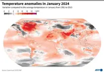  ?? AFP GRAPHIC ?? World map showing temperatur­e anomalies in January 2024, according to Copernicus Climate Change Service data.