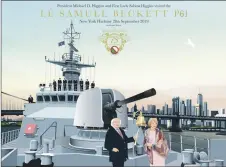  ?? ?? The commission­ed piece by local artist Gerard Harris depicts President Higgins and First Lady Sabrina onboard the LÉ Samuel Beckett, with the New York skyline in the background.