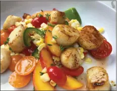  ?? (Arkansas Democrat-Gazette/Kelly Brant) ?? Seared Scallops Over Corn, Peaches and Tomatoes