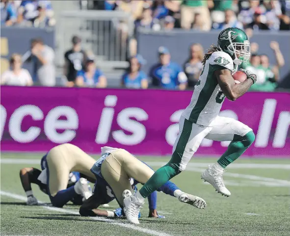  ?? TREVOR HAGAN/THE CANADIAN PRESS ?? Roughrider­s receiver Naaman Roosevelt has been his usual explosive self on the field, scoring a 75-yard touchdown last week against Winnipeg.