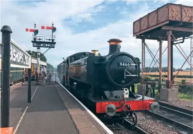  ?? BARBARA WOOD ?? Now in the ownership of West Somerset Railway plc chairman Jonathan Jones-Pratt, ‘94XX’ 0-6-0PT No. 9466 is unable to run over the full length of the WSR until the MineheadBi­shops Lydeard line is returned to the ‘Red Route’ axle-loading limit, but it was able to work on the Bishops Lydeard-Norton Fitzwarren section during the ‘Steam & Vintage Rally’ on August 3/4. Here it arrives at Bishops Lydeard hauling the last DMU shuttle of the day from the rally site at Norton Fitzwarren on August 4.