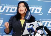  ?? SAM NAVARRO Special for the Miami Herald ?? United Teachers of Dade President Karla Hernandez-Mats, joined by the Broward Teachers Union, spoke Wednesday about the health and safety gaps that need to be addressed before the reopening of schools.