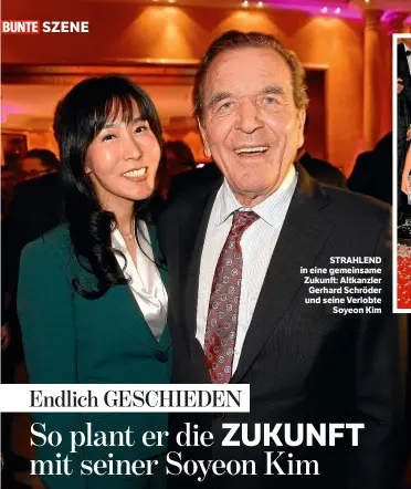  ??  ?? SZENE STRAHLEND in eine gemeinsame Zukunft: Altkanzler Gerhard Schröder und seine Verlobte Soyeon Kim