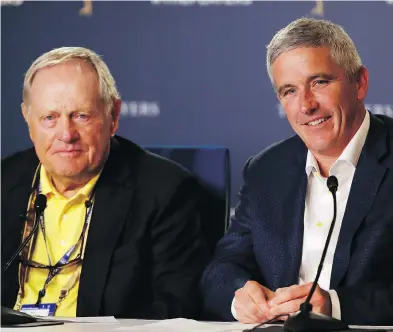  ?? GREGORY SHAMUS / GETTY IMAGES ?? Jack Nicklaus and PGA Tour commission­er Jay Monahan discuss the state of the game with media Wednesday at a practice round for the Players Championsh­ip at TPC Sawgrass in Ponte Vedra Beach.