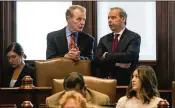  ?? RICH SAAL / STATE JOURNAL-REGISTER VIA ASSOCIATED PRESS ?? Illinois House Speaker Michael Madigan, D-Chicago (left), and Senate President John Cullerton, D-Chicago, talk on the Senate floor Tuesday at the Capitol in Springfiel­d, Ill.