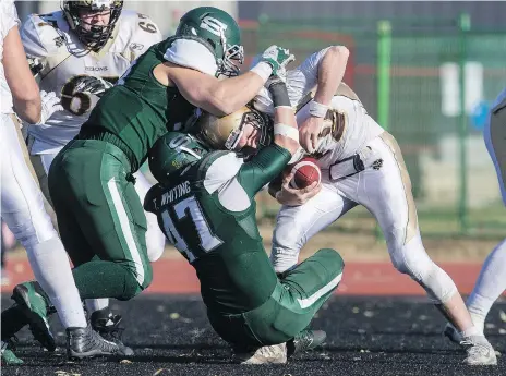  ?? LIAM RICHARDS ?? The Saskatchew­an Huskies clinched a Canada West football playoff berth Saturday at home with a 27-4 win over the Manitoba Bisons.