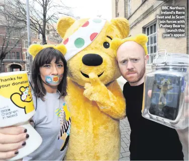  ??  ?? BBC Northern Ireland’s Barra Best and Jo Scott join forces with Pudsey Bear to
launch this year’s appeal