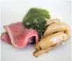  ??  ?? Aged sirloin is accompanie­d by a bone marrow mousse.