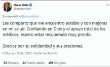  ??  ?? Mensajes. Dos mensajes fueron emitidos ayer desde la cuenta del secretario general del FMLN, Óscar Ortiz.