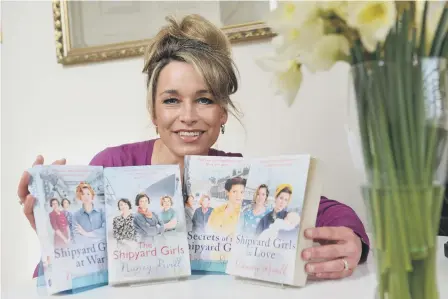  ??  ?? Amanda with her successful series of Shipyard Girls novels and, below left, women at work in Sunderland’s shipyard.