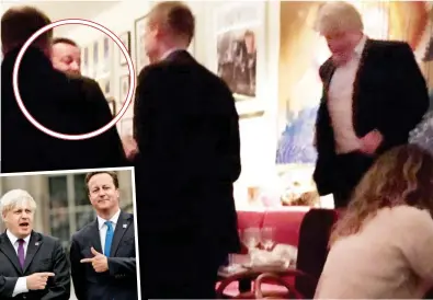  ??  ?? Catch up: Boris Johnson stands on a chair next to Mr Cameron, circled. Left: The pair during the 2015 general election