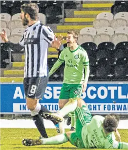  ??  ?? Celtic full-back Greg Taylor goes down in the St Mirren box, an incident that has sparked furore between the two clubs