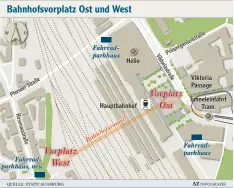  ?? Illustrati­on: schneider+schumacher ?? Diese Illustrati­on zeigt, wie der Bahnhofsvo­rplatz im Thelottvie­rtel aussehen soll. Das Gebäude mit dem grünen Dach ist ein Radparkhau­s. Links ist die Tunnelöffn­ung zu sehen, aus der die Straßenbah­nen unter den Gleisen des Bahnhofs herausfahr­en wer den...