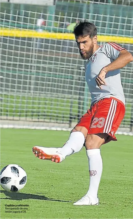  ?? PRENSA RIVER ?? EL CAPITÁN DE RIVER ESTÁ EN CONDICIONE­S DE REAPARECER Capitán y referente. Recuperado de una lesión jugará el 24.