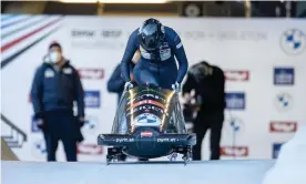  ?? Photograph: Peter Rinderer/EXPA/AFP/ ?? Austria's Katrin Beierl starts on the first run of the women's monobob competitio­n during the IBSF Bob and Skeleton World Cup in Innsbruck.
Getty Images