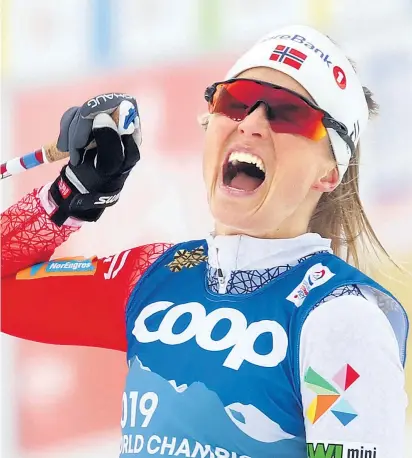  ??  ?? Therese Johaug hat einige Goldene versäumt und ist deshalb umso erpichter auf Jubelszene­n.