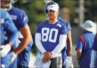  ?? John Munson / Associated Press ?? Giants tight end Kyle Rudolph watches the action during training camp held at Eddie Moraes Stadium in July in Newark, N.J.