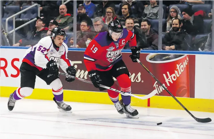  ?? — GETTY IMAGES FILES ?? Brandon Wheat Kings forward Nolan Patrick, right, playing for Team Cherry at the Top Prospects Game, is considered by some to be this year’s top NHL pick.