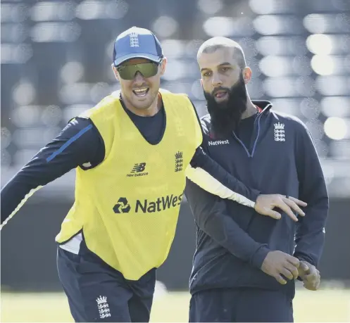  ??  ?? 0 Jason Roy, left, and England team-mate Moeen Ali share a joke ahead of today’s third ODI clash with Pakistan in Bristol.