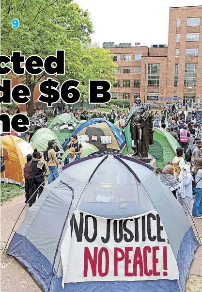  ?? AP ?? George Washington University students set up tents in the campus during a pro-Palestinia­ns protest over the Israel-Gaza War on Thursday in Washington.