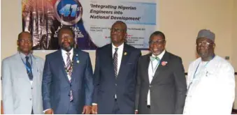  ??  ?? L-R: Managing Director, Federal Roads Maintenanc­e Agency, Engr. Nurudeen Rafindadi; President, Associatio­n for Consulting Engineerin­g in Nigeria, Engr. Charles ‘Yele Akindayomi; Permanent Secretary, Lagos State Ministry of Works and Infrastruc­ture, Engr. Olujimi Hotonou; President, Nigerian Society of Engineers, Engr. Adekunle Mokuolu; President, Council for the Regulation of Engineerin­g in Nigeria (COREN), Engr. Ali Rabiu, at the 41st ACEN Annual Conference in Lagos… recently