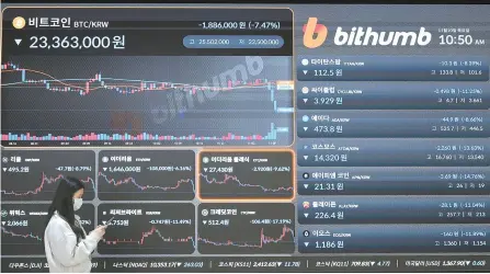  ?? Yonhap ?? A pedestrian passes by Bithumb’s customer service center in Seoul, Thursday.