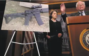  ??  ?? California Sen. Dianne Feinstein and Vermont Sen. Bernie Sanders announce proposed gun control legislatio­n after the Las Vegas mass shooting. Chip Somodevill­a / Getty Images