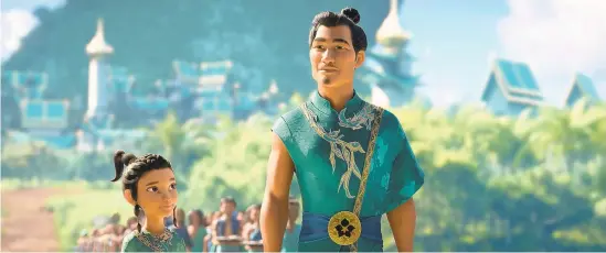  ?? DISNEY ?? Young Raya looks up to her father, Benja, the chief of the Heart Lands. Benja, the legendary guardian of the Dragon Gem, is an idealistic and bold visionary who seeks to reunite the fractured kingdom of Kumandra in “Raya and the Last Dragon.” He is voiced by Daniel Dae Kim.