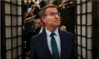  ?? ?? Alberto Núñez Feijóo leaving the lower house of parliament after the vote on Friday. Photograph: Bernat Armangué/AP