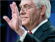  ?? The Associated Press ?? Secretary of State Rex Tillerson waves goodbye after speaking at the State Department in Washington on Tuesday. President Donald Trump fired Tillerson and will nominate CIA Director Mike Pompeo to replace him.