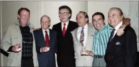  ?? AP FILE ?? Bill Dana, far right, is shown in October 1990 in Beverly Hills, Calif., with (from left) Tom Poston, Don Knotts, Steve Allen, Louis Nye and Pat Harrington Jr.