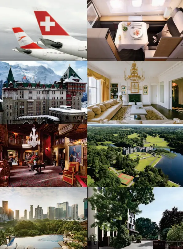  ??  ?? 1.Austrian Airlines & Swiss 2. Swiss 3. Badrutt’s Palace 4.The Savoy 5.Ashford Castle 6.Ashford Castle 7. Mandarin Oriental Kuala Lumpur 8. Bulgari Hotel Milano