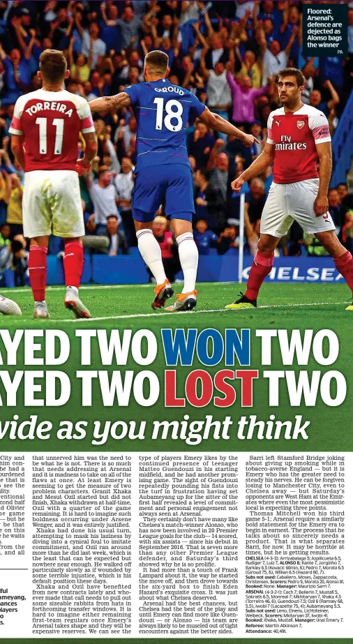 ?? PA ?? Floored: Arsenal’s defence are dejected as Alonso bags the winner