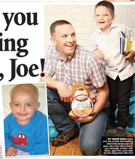  ??  ?? MY MANE MAN: Dylan and Joe at their first meeting where the seven-year-old gave Joe a lion with a thankyou message, circled. Left: Dylan, aged two, soon after he was diagnosed with HLH