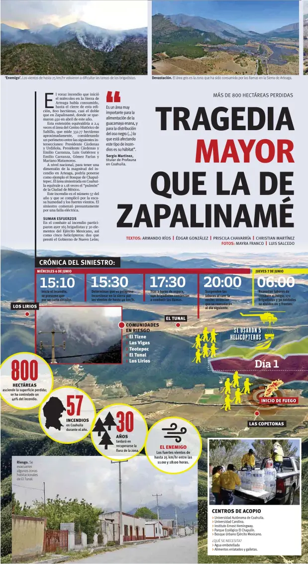  ??  ?? ‘Enemigo’. Los vientos de hasta 25 km/hr volvieron a dificultar las tareas de los brigadista­s. Devastació­n. El área gris es la zona que ha sido consumida por las llamas en la Sierra de Arteaga.