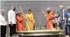  ?? -PTI ?? TRADITIONA­L DISH: Union Minister of Food Processing Harsimrat Kaur Badal, Sadhvi Niranjan Jyoti, MoS for Food Processing, and Swami Ramdev along with chefs cooking ‘Khichdi’ at the World Food India 2017 festival in New Delhi on Saturday to create a...