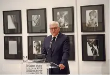  ??  ?? German Foreign Minister Frank-Walter Steinmeier speaks during a press conference for the opening at the Macedonian Museum of Contempora­ry Art, on Sunday.