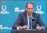  ?? DARRON CUMMINGS/AP PHOTO ?? Shane Steichen speaks during a news conference on Tuesday in Indianapol­is, where he was introduced as the Colts new head coach.