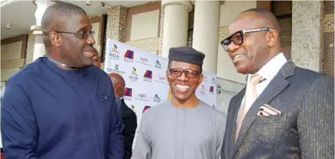  ??  ?? Executive Director,small and Medium Enterprise­s, Bank of Industry, Waheed Olagunju(left); Founder Nigeria and Entreprene­ur Summit and Honours (N.E.S.H), Emeka Ugwu-oju, and Hon. Minister of State for Petroleum/representi­ng Vice President, Dr Ibeh...