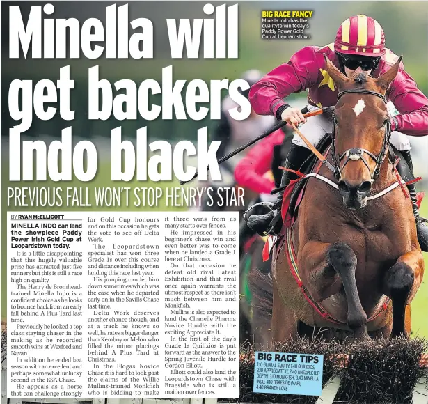  ??  ?? BIG RACE FANCY Minella Indo has the qualityto win today’s Paddy Power Gold
Cup at Leopardsto­wn